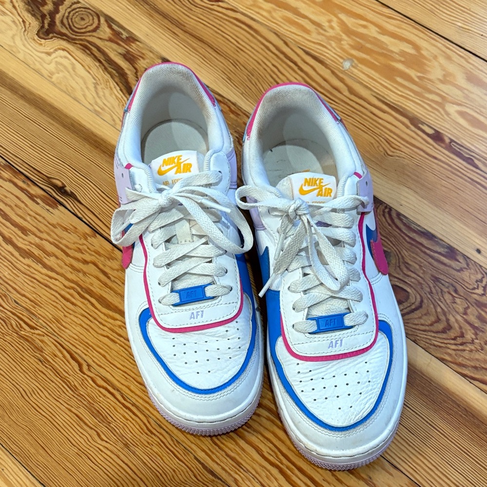 Nike Air Force 1, white and multi-color. Size 8